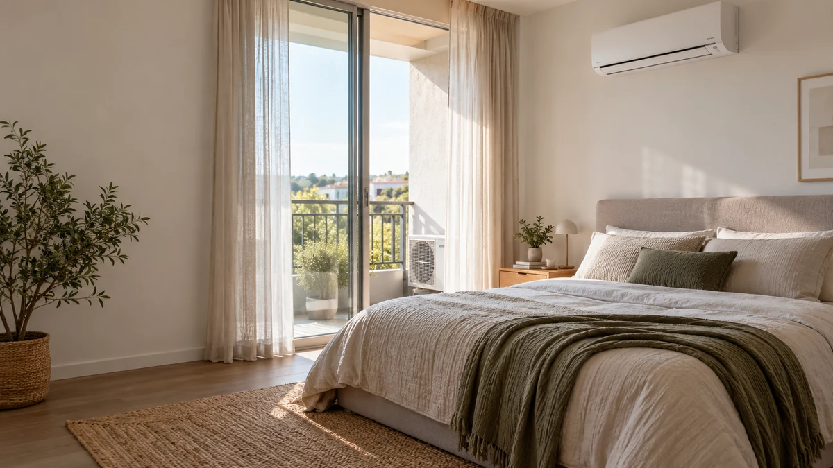 Escena ilustrativa de climatización en un dormitorio moderno
