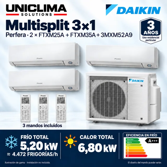 Conjunto multisplit Daikin Perfera 3×1: 2 × FTXM25A + FTXM35A + 3MXM52A9, ilustración de gama — Uniclima