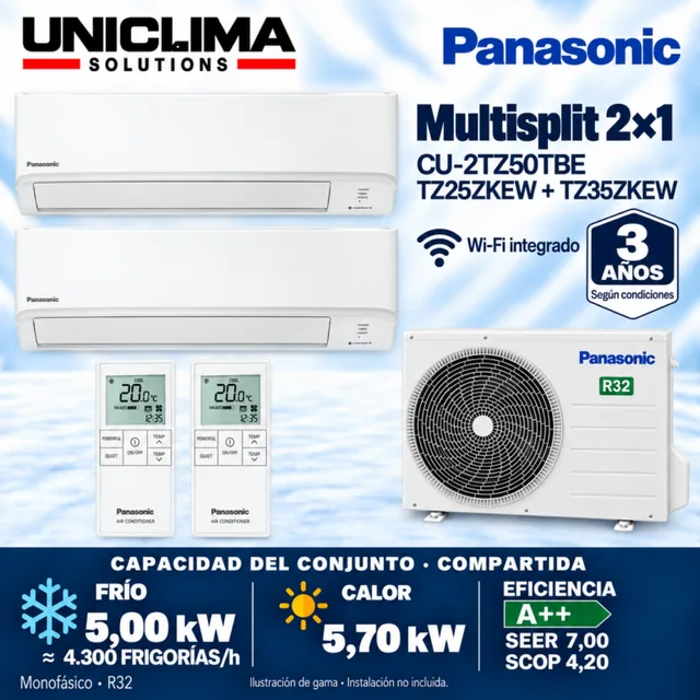 Conjunto Panasonic CU-2TZ50TBE + CS-TZ25ZKEW + CS-TZ35ZKEW, 4.300 FRIGORÍAS/h — Uniclima
