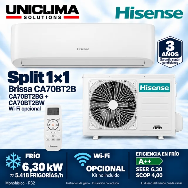 Conjunto Hisense Brissa CA70BT2B, 5.418 FRIGORÍAS/h, ilustración de gama — Uniclima