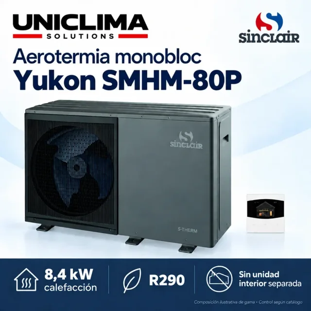 Sinclair Yukon SMHM-80P, composición ilustrativa del monobloc y control — Uniclima
