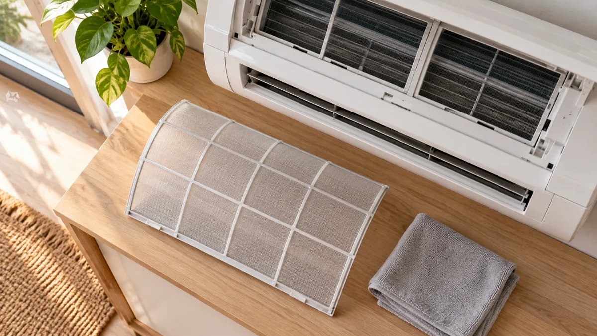 Filtro de aire acondicionado extraído para su limpieza preventiva.