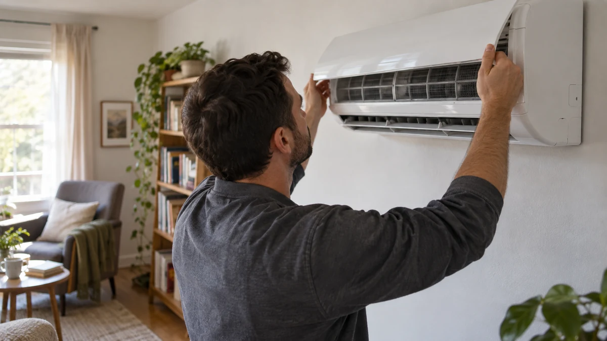 Escena ilustrativa: Técnico revisa la unidad interior de un aire acondicionado en una vivienda