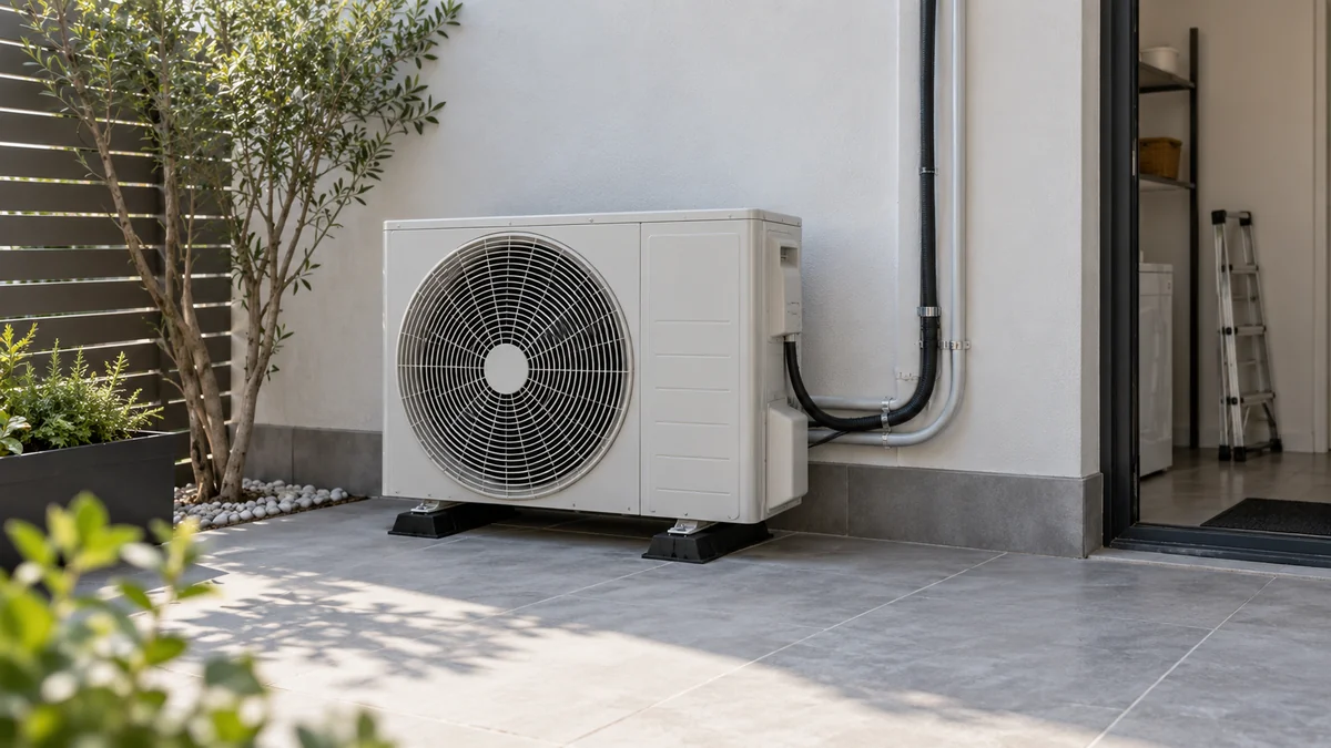 Unidad exterior de aire acondicionado en un patio técnico ventilado.