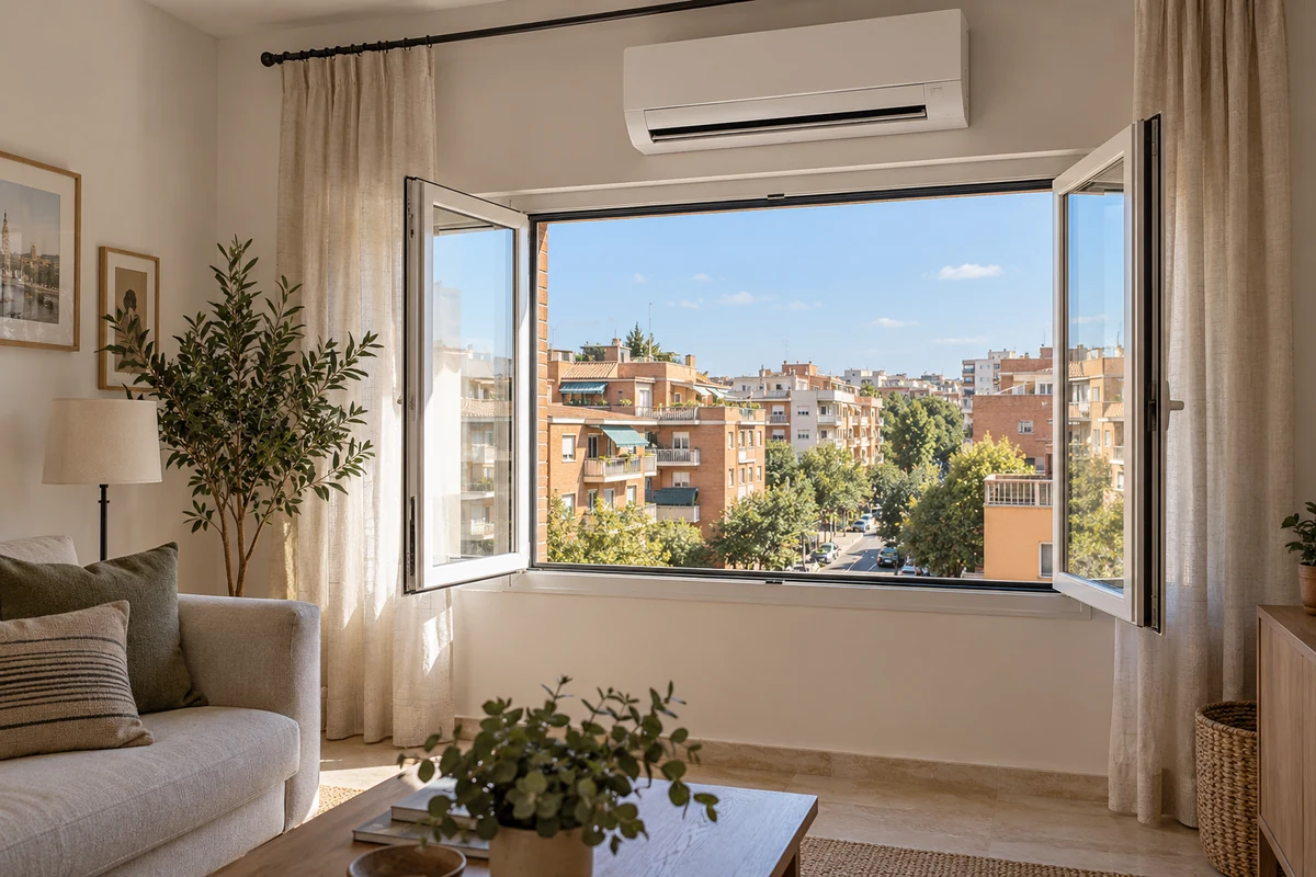 Escena ilustrativa: split mural y ventana en una vivienda, sin personas.