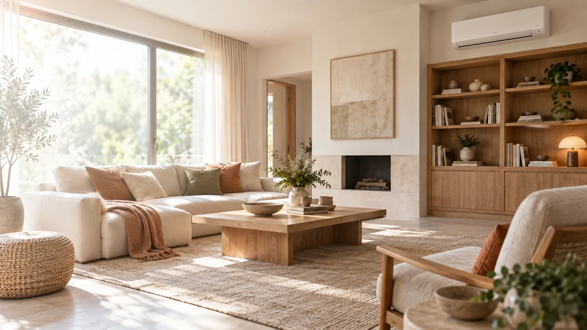 Escena ilustrativa: Estancia familiar con unidad de aire acondicionado mural junto a una librería de madera.