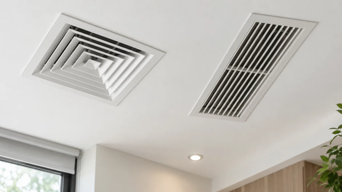 Dos rejillas de aire acondicionado integradas en un techo interior.