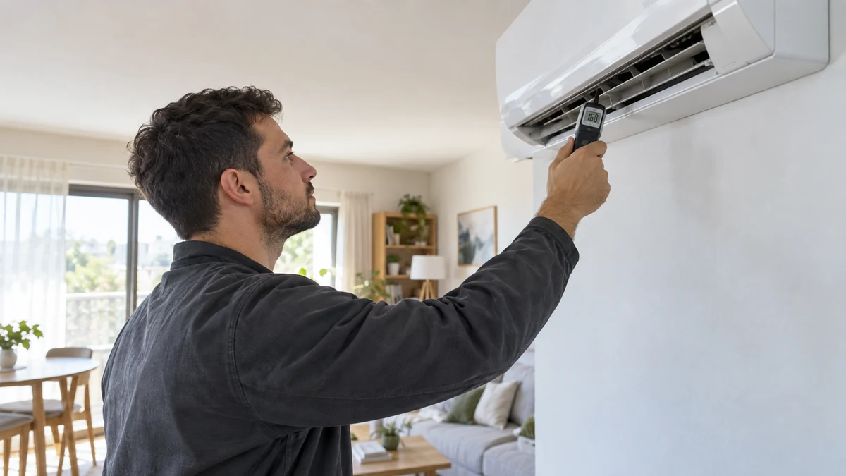 Escena ilustrativa: Técnico mide la temperatura de impulsión de una unidad de aire acondicionado