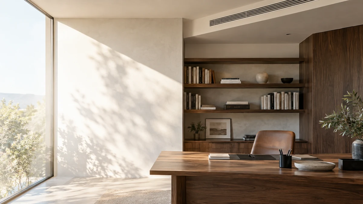 Escena ilustrativa: Estudio doméstico con rejilla lineal de climatización por conductos y luz lateral.