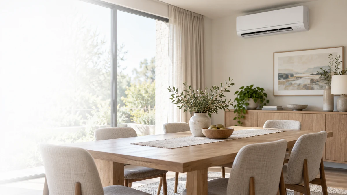 Escena ilustrativa: Comedor contemporáneo con unidad de aire acondicionado mural sobre un aparador.