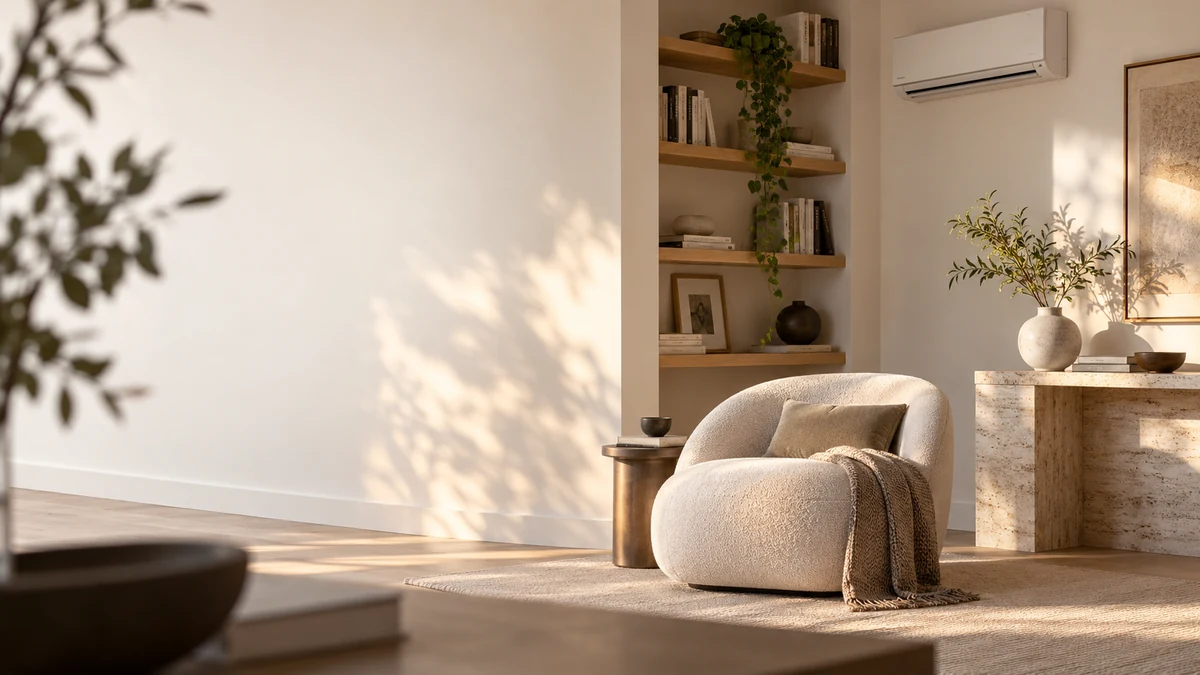 Escena ilustrativa: Rincón de lectura con split mural, estanterías de madera y luz cálida.