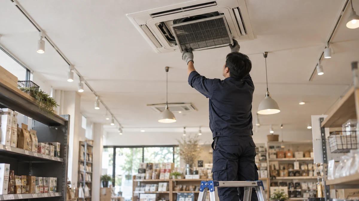 Escena ilustrativa: Técnico accede al filtro de una unidad de climatización de techo