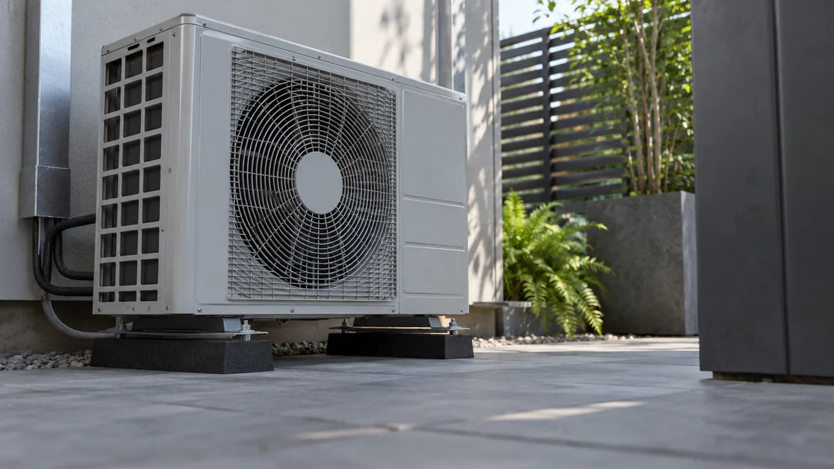 Soporte antivibratorio bajo una unidad exterior de climatización.