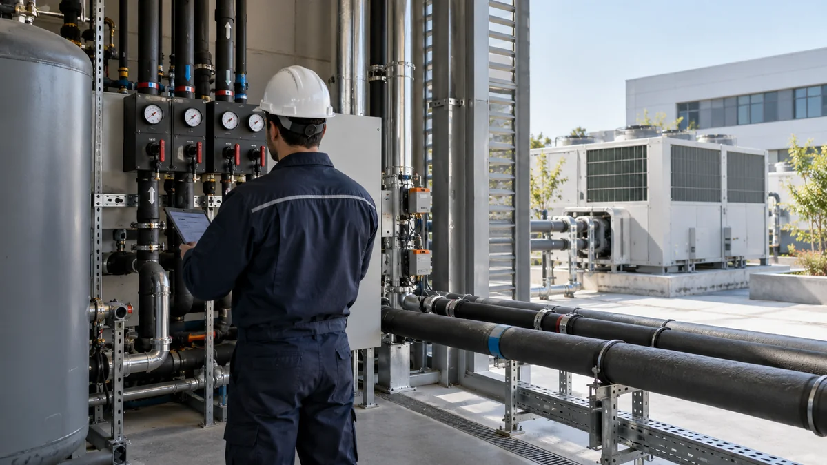 Técnico de espaldas ante tuberías y equipos de climatización en una sala técnica.