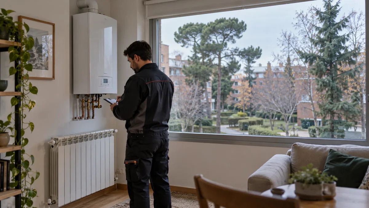 Escena ilustrativa de caldera y radiadores en una vivienda inspirada en Alameda de Osuna