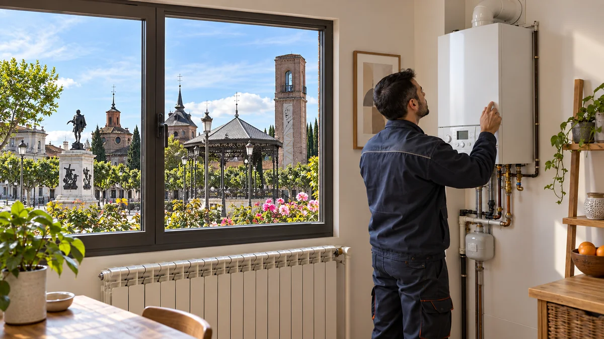 Escena ilustrativa de caldera y radiadores en una vivienda inspirada en Alcalá de Henares