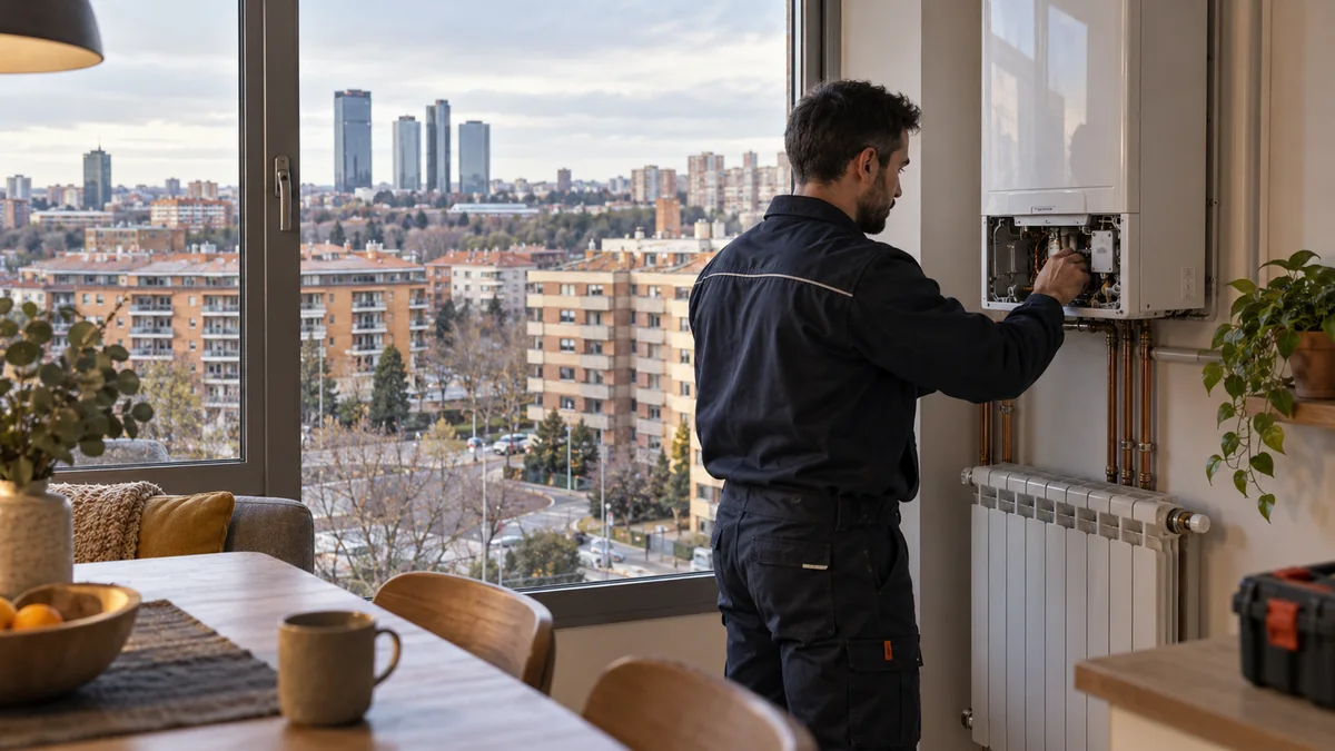 Escena ilustrativa de caldera y radiadores en una vivienda inspirada en Alcobendas