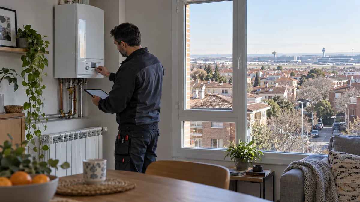 Escena ilustrativa de caldera y radiadores en una vivienda inspirada en Barajas