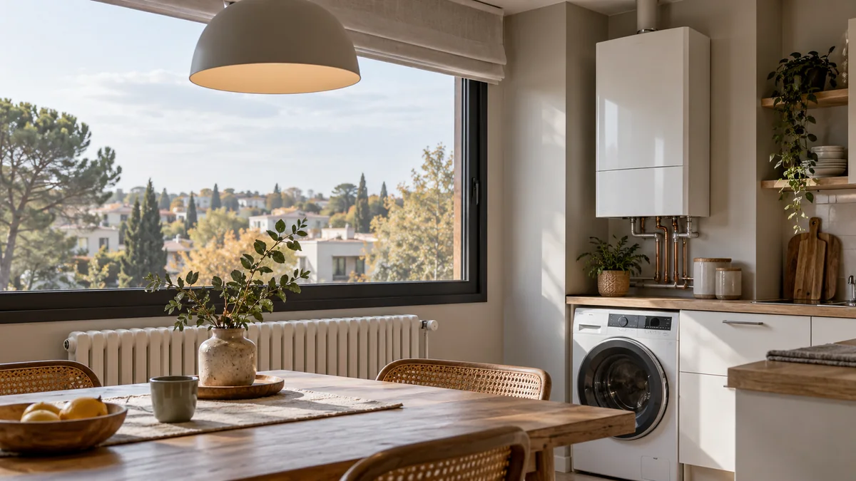 Escena ilustrativa de caldera y radiadores en una vivienda inspirada en Boadilla del Monte