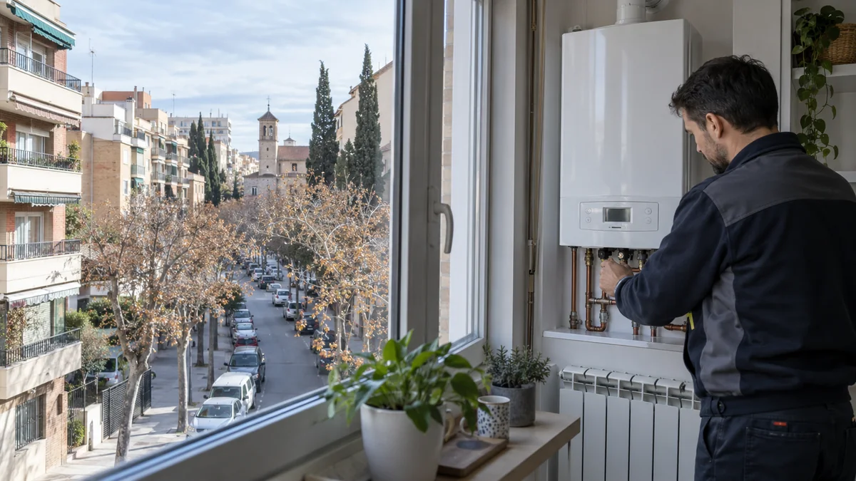 Escena ilustrativa de caldera y radiadores en una vivienda inspirada en Canillejas