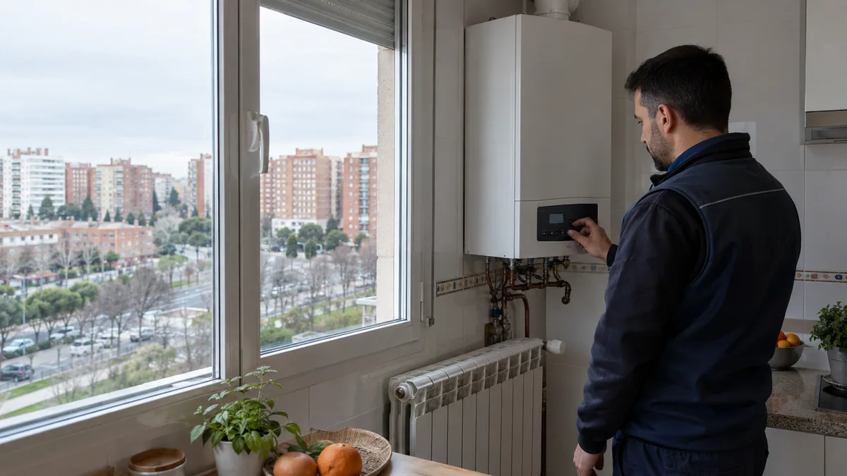 Escena ilustrativa de caldera y radiadores en una vivienda inspirada en Coslada