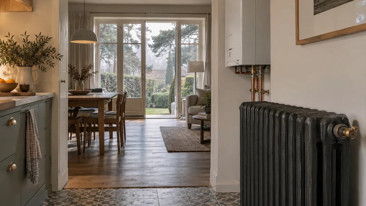 Escena ilustrativa de caldera y radiadores en una vivienda inspirada en El Plantío