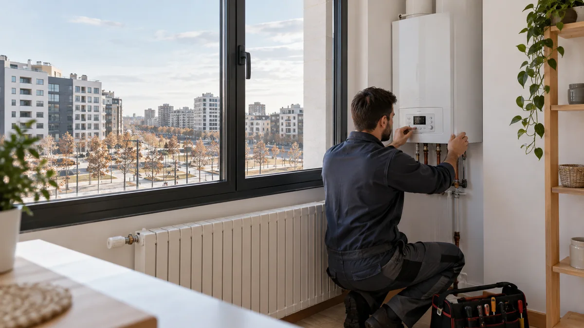Escena ilustrativa de caldera y radiadores en una vivienda inspirada en Ensanche de Vallecas