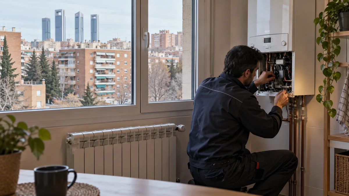 Escena ilustrativa de caldera y radiadores en una vivienda inspirada en Hortaleza
