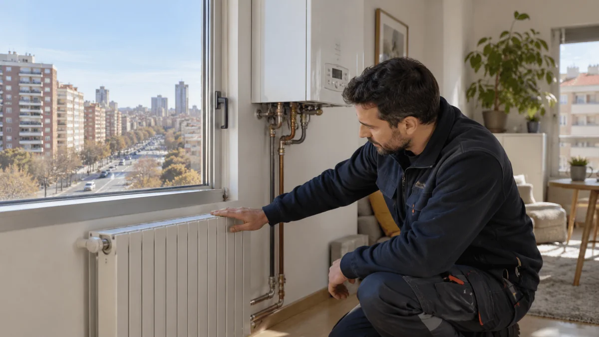 Escena ilustrativa de caldera y radiadores en una vivienda inspirada en Las Rejas