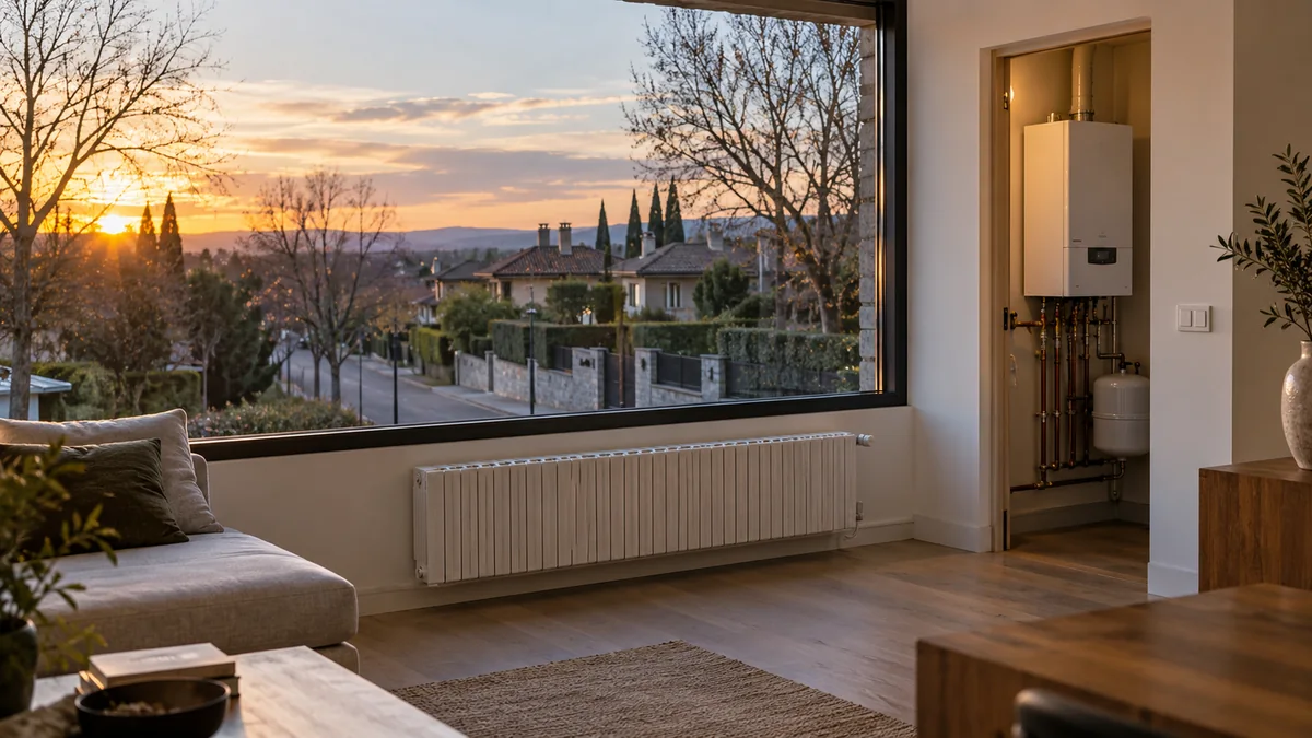 Escena ilustrativa de caldera y radiadores en una vivienda inspirada en Las Rozas de Madrid