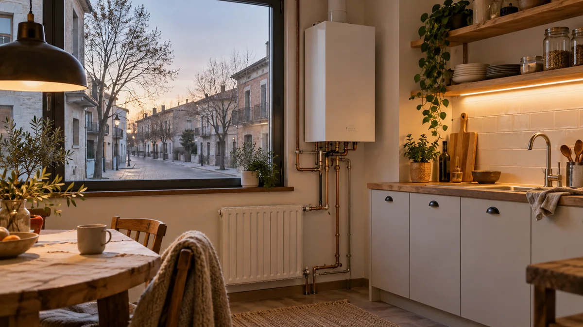 Escena ilustrativa de caldera y radiadores en una vivienda inspirada en Majadahonda