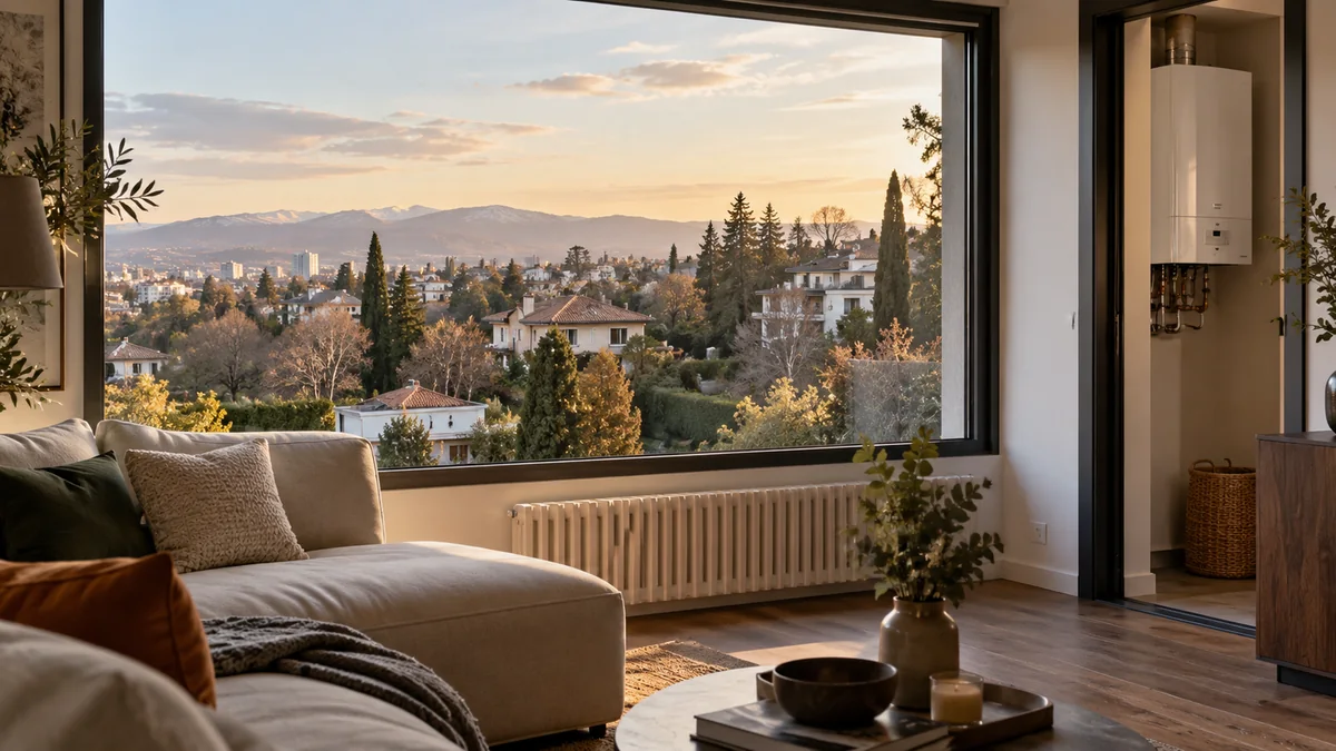 Escena ilustrativa de caldera y radiadores en una vivienda inspirada en Mirasierra