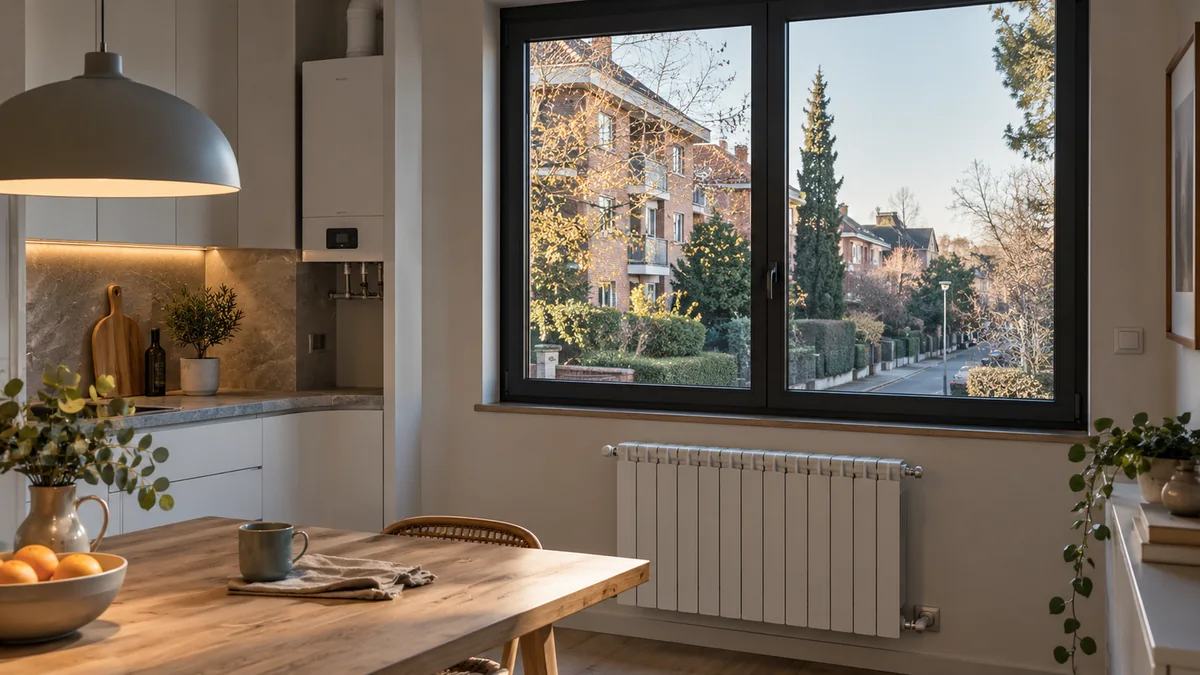 Escena ilustrativa de caldera y radiadores en una vivienda inspirada en Palomas