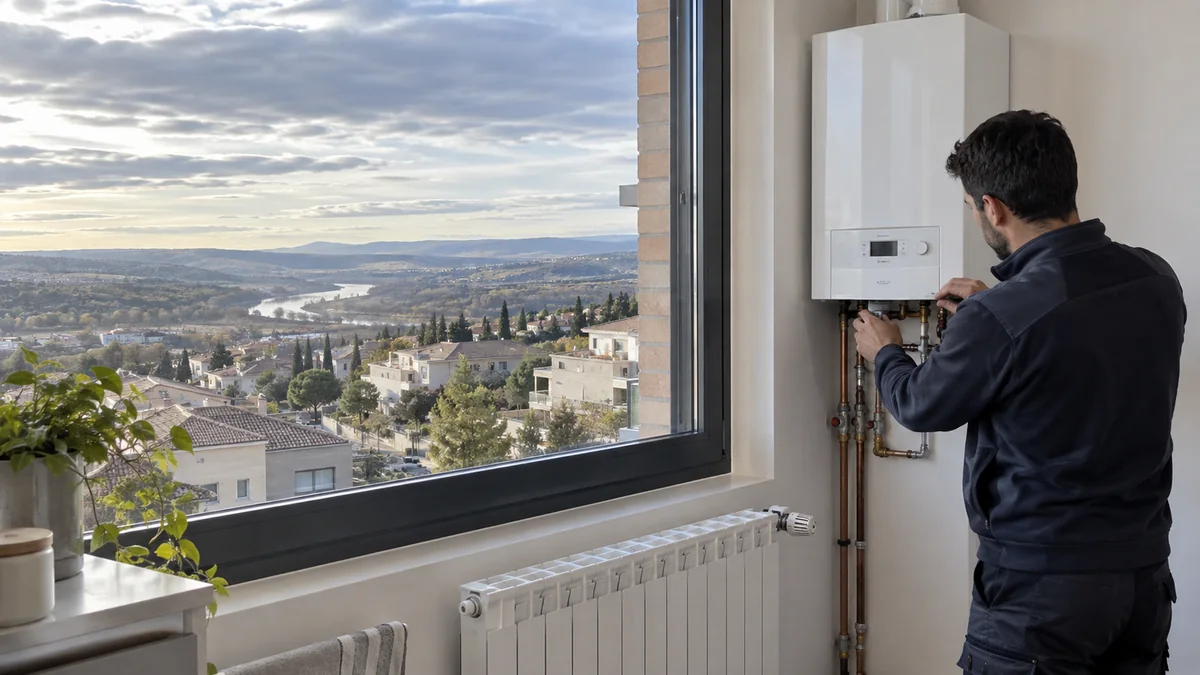 Escena ilustrativa de caldera y radiadores en una vivienda inspirada en Paracuellos de Jarama