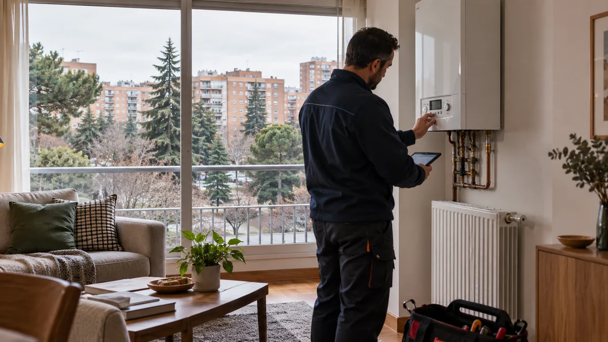 Escena ilustrativa de caldera y radiadores en una vivienda inspirada en Pinar del Rey