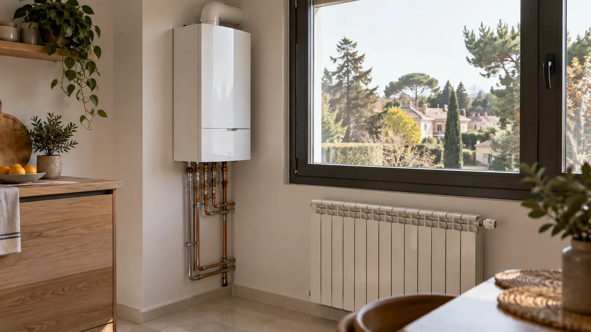 Escena ilustrativa de caldera y radiadores en una vivienda inspirada en Pozuelo de Alarcón