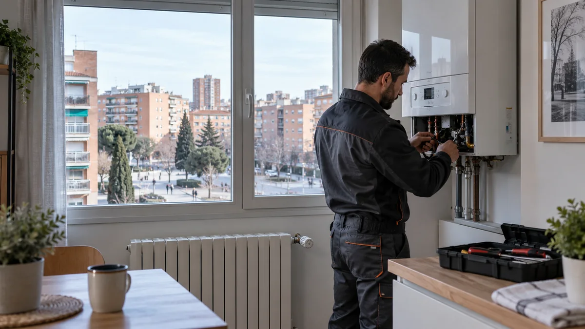 Escena ilustrativa de caldera y radiadores en una vivienda inspirada en San Blas