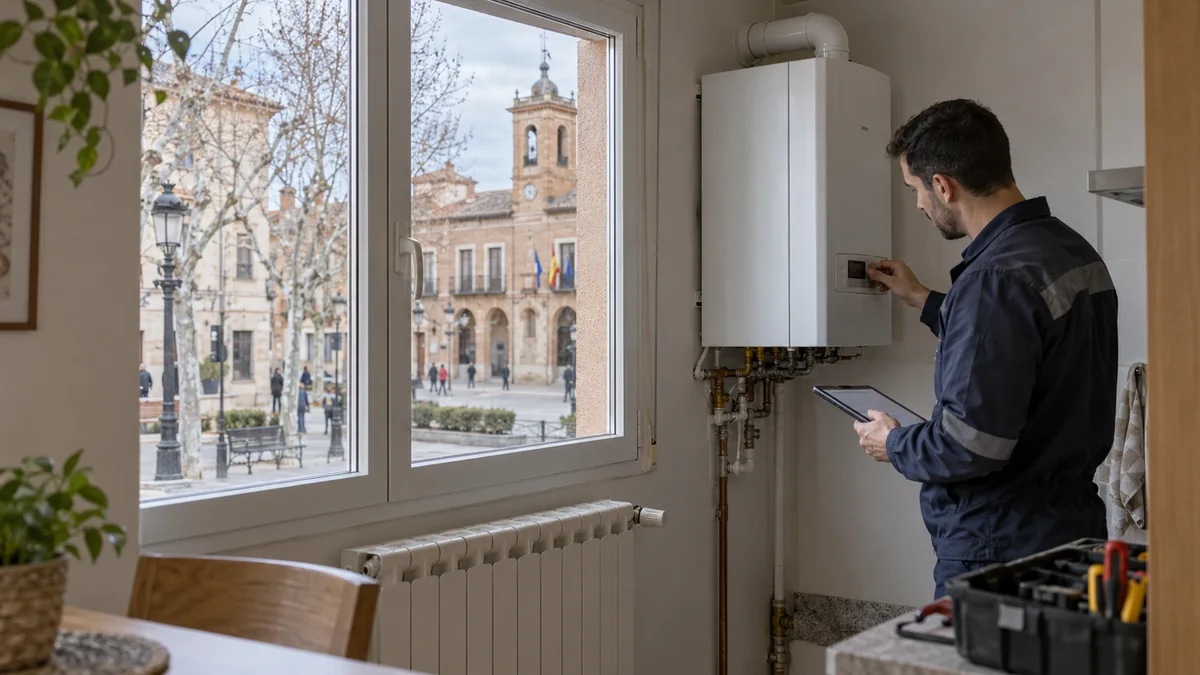 Escena ilustrativa de caldera y radiadores en una vivienda inspirada en San Fernando de Henares