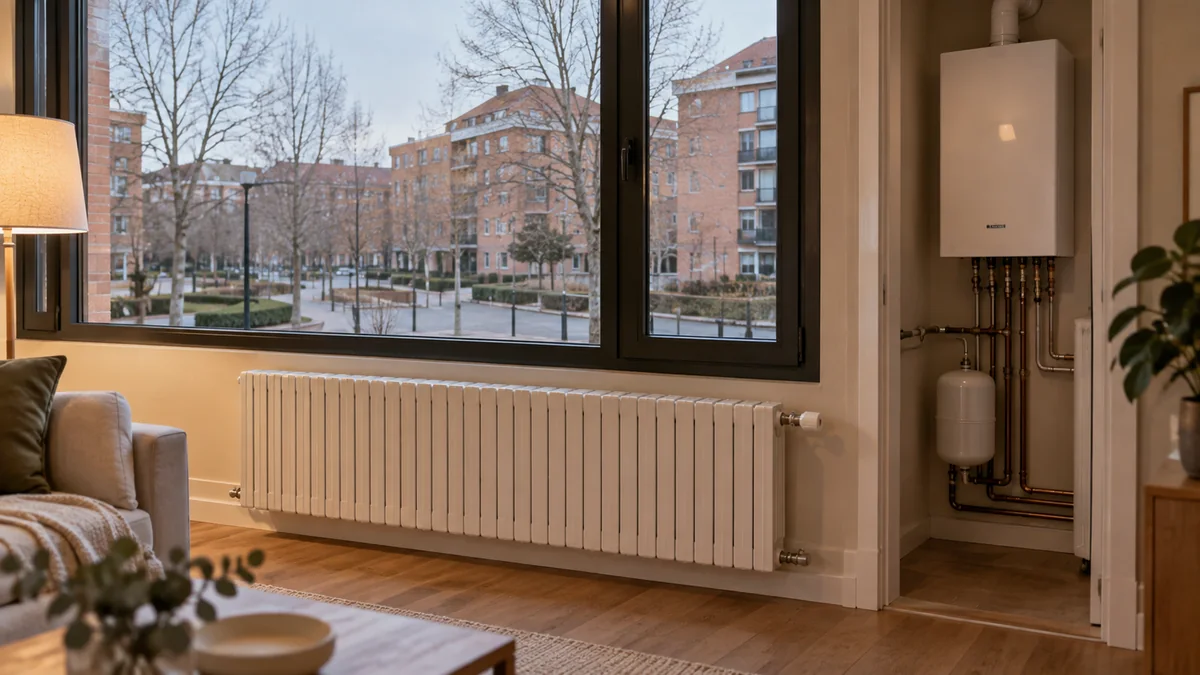 Escena ilustrativa de caldera y radiadores en una vivienda inspirada en San Sebastián de los Reyes