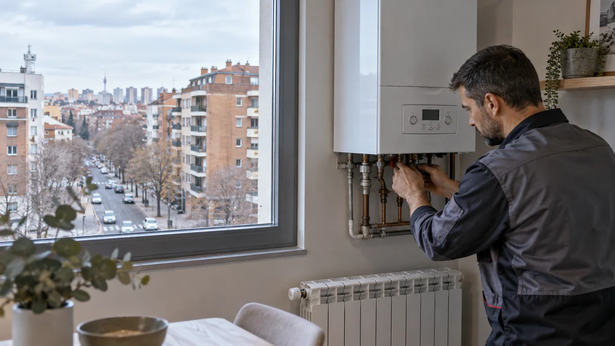 Escena ilustrativa de caldera y radiadores en una vivienda inspirada en Simancas