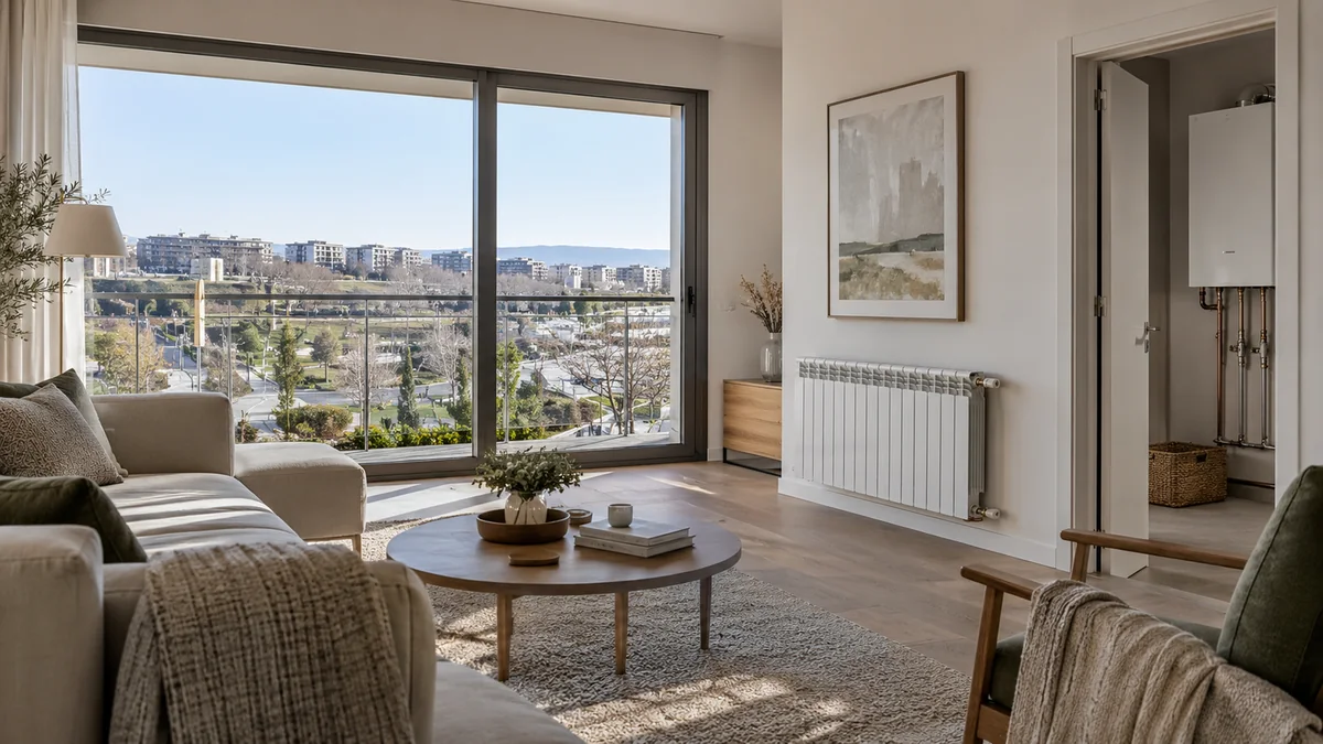 Escena ilustrativa de caldera y radiadores en una vivienda inspirada en Tres Cantos