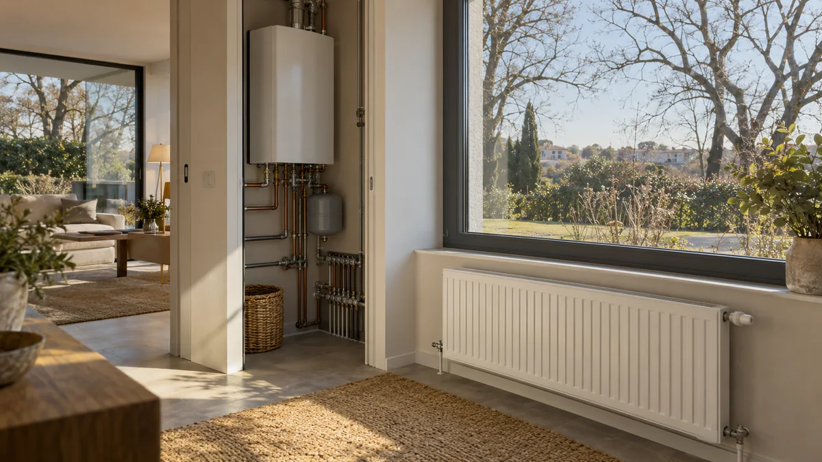 Escena ilustrativa de caldera y radiadores en una vivienda inspirada en Valdemarín