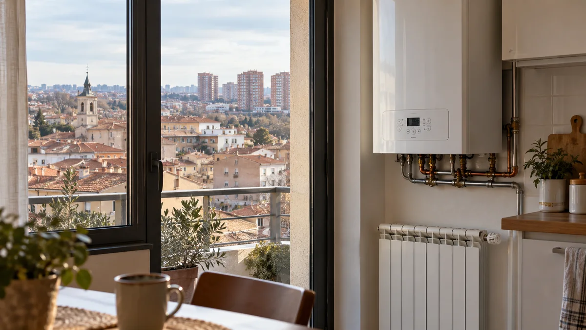 Escena ilustrativa de caldera y radiadores en una vivienda inspirada en Vicálvaro