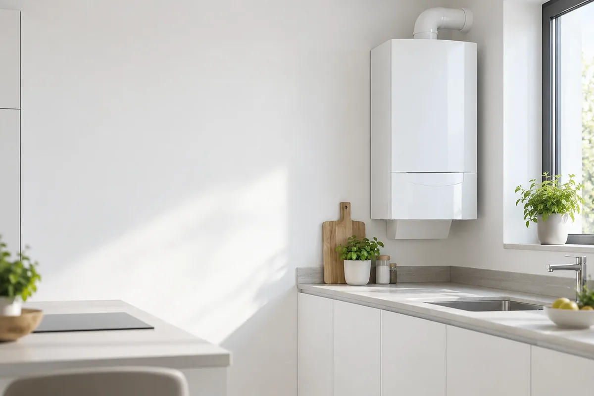 Escena ilustrativa de una cocina blanca con una caldera mural junto a la ventana; no representa una intervención ni un modelo del fabricante.