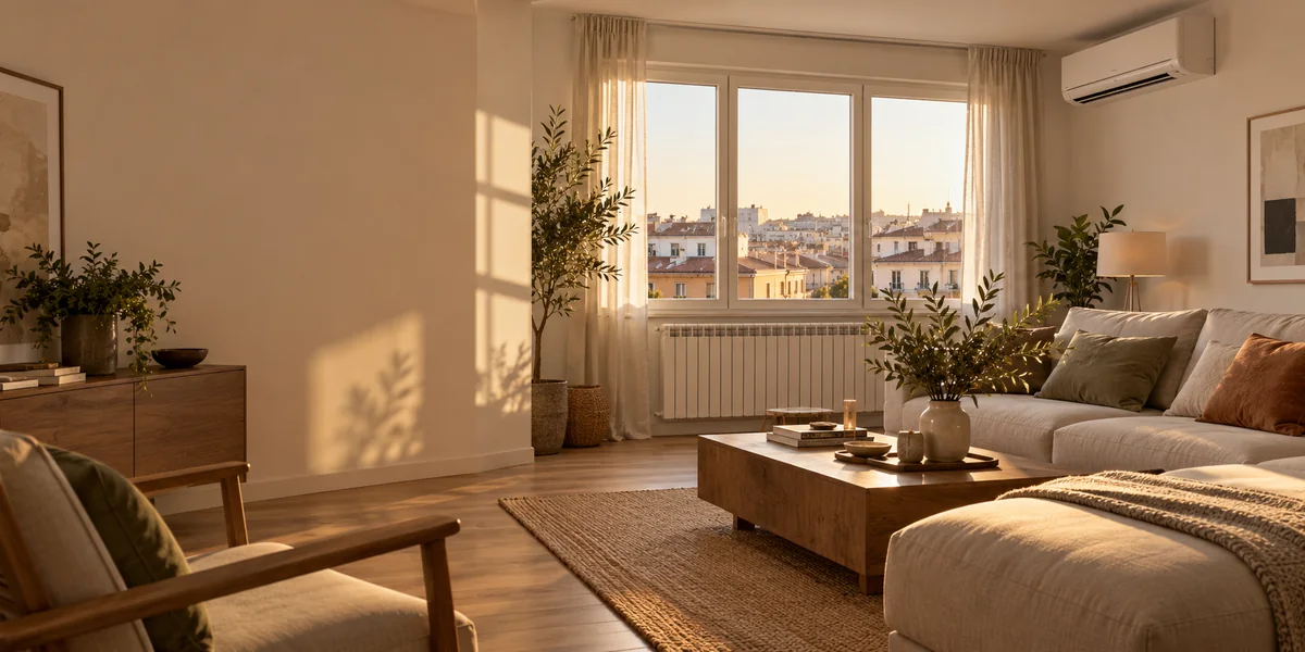 Salón de vivienda con radiador y aire acondicionado split en Madrid.