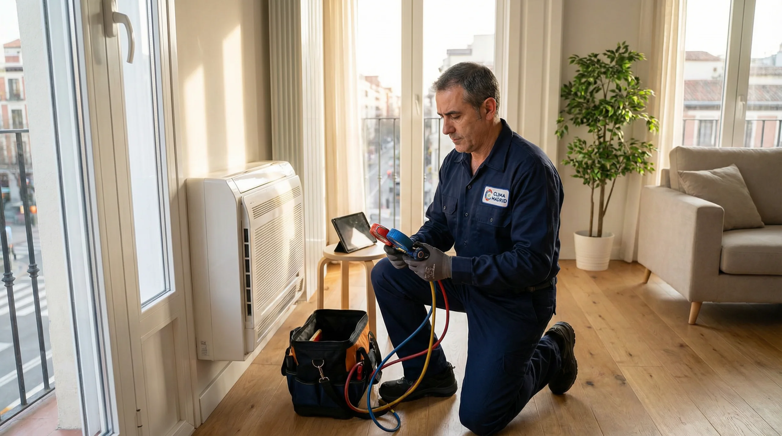 Técnico de climatización reparando un split de aire acondicionado en un domicilio del distrito de Centro, Madrid