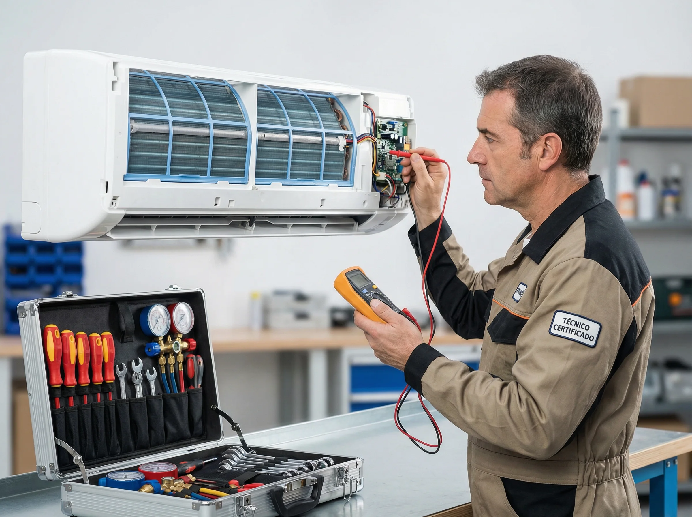 Técnico certificado realizando diagnóstico con multímetro en la placa electrónica de un split de aire acondicionado en Centro