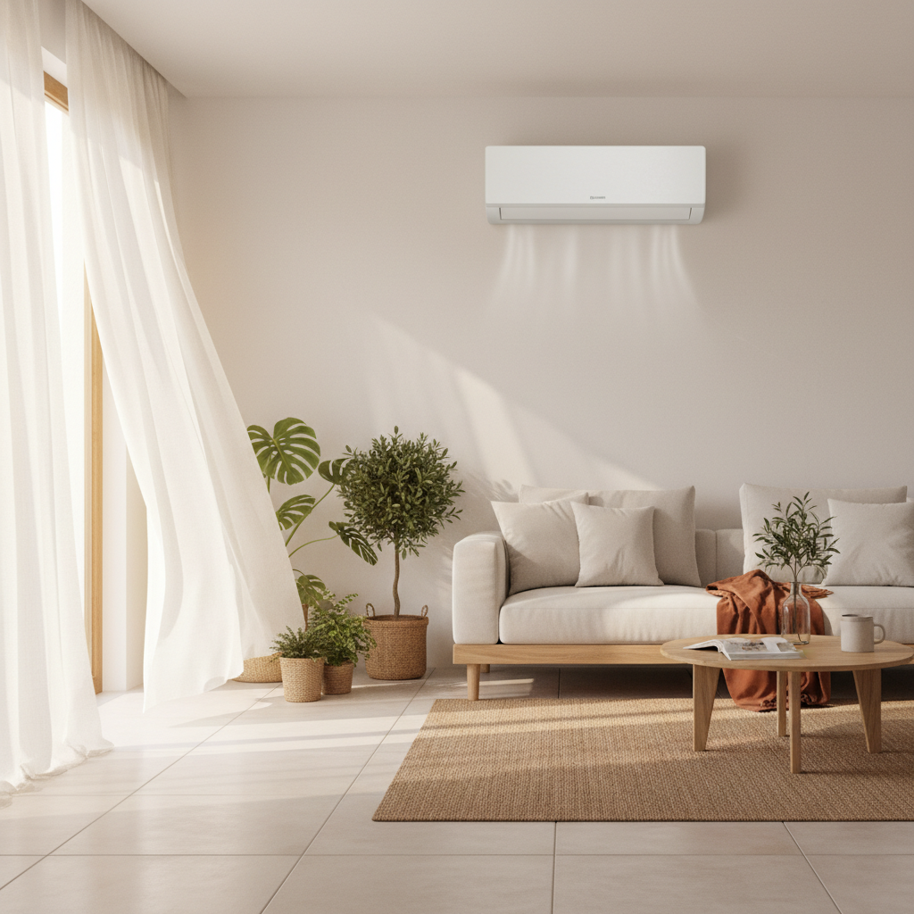 Aire acondicionado split blanco montado en salón mediterráneo con luz natural de verano