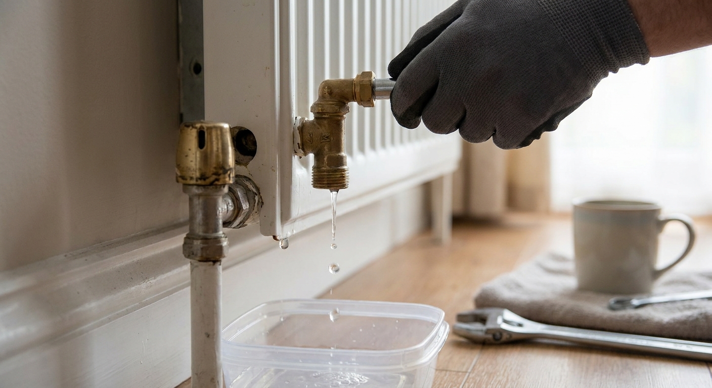 Válvula de radiador siendo purgada con detalle de gotas de agua