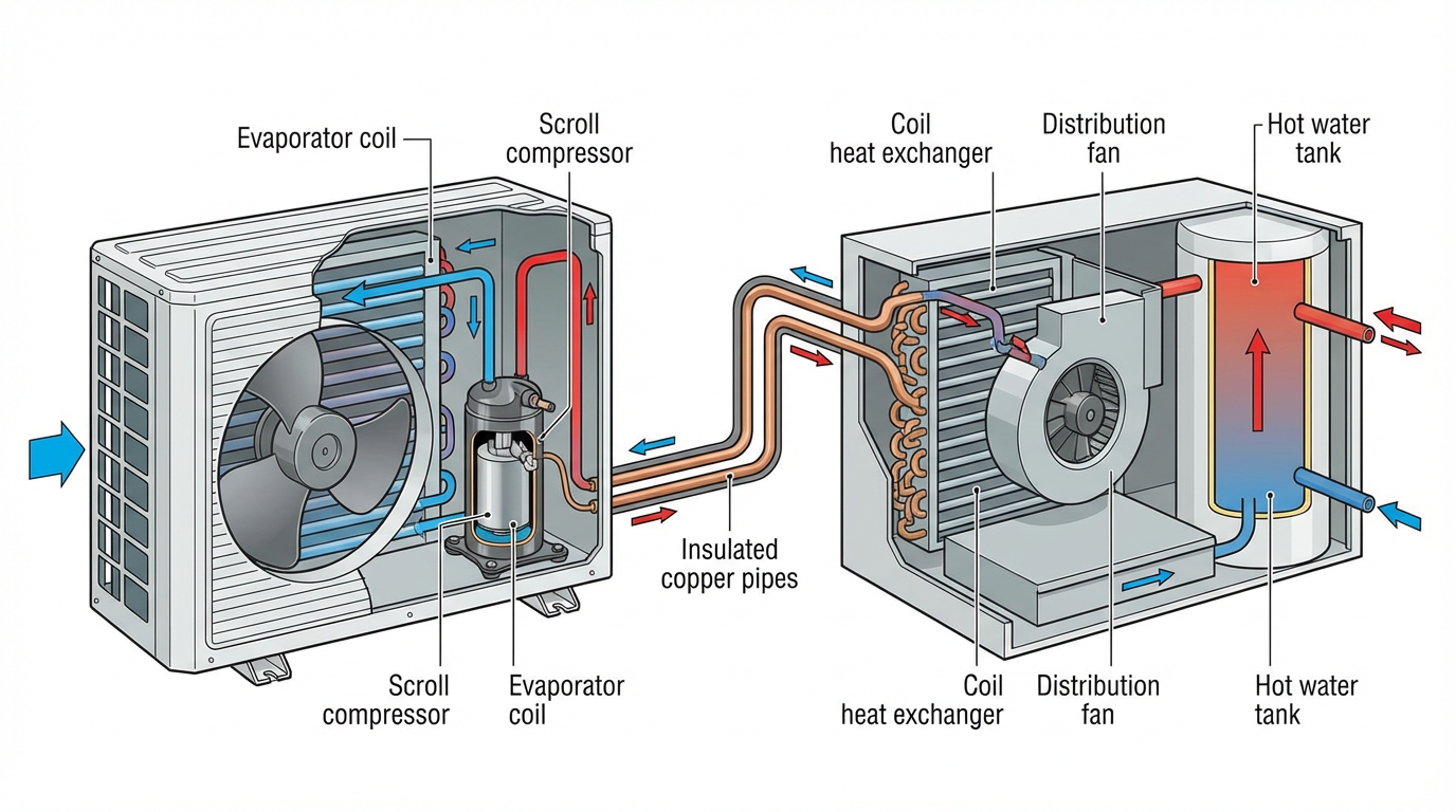 Diagrama técnico del ciclo de funcionamiento de bomba de calor aerotérmica